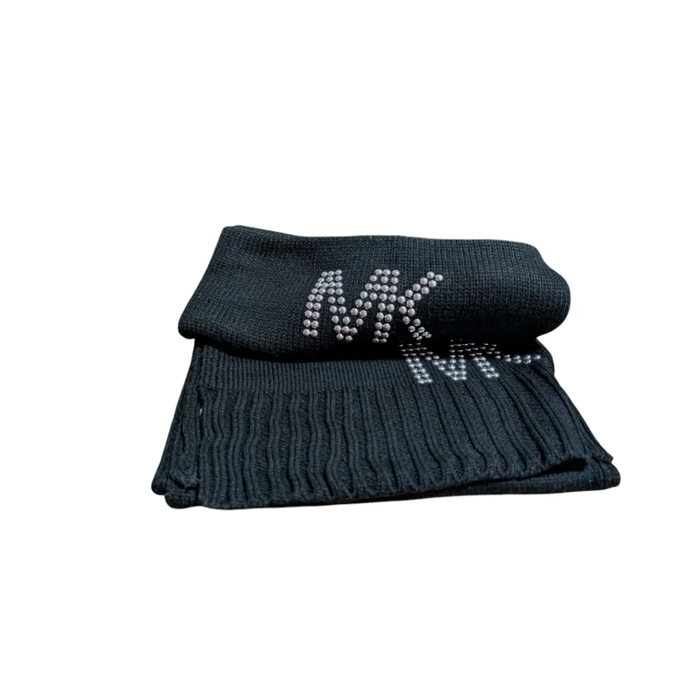 NEW BOX SET MICHAEL KORS Women's Black Studded MK Knit Beanie Hat and Scarf